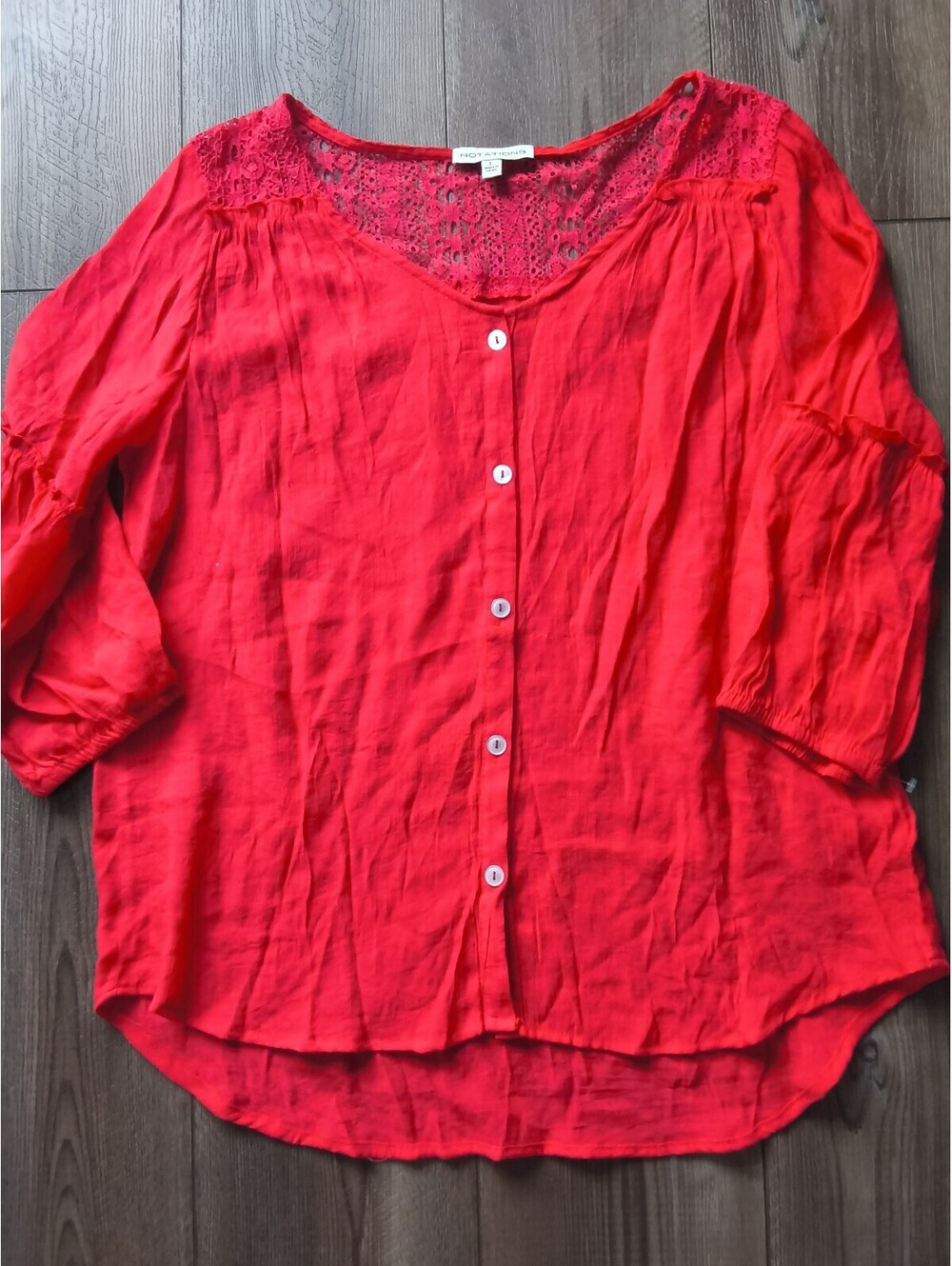 Notations Red Boho Button-Front Blouse Lace Ruffle 3/4 Sleeve Large